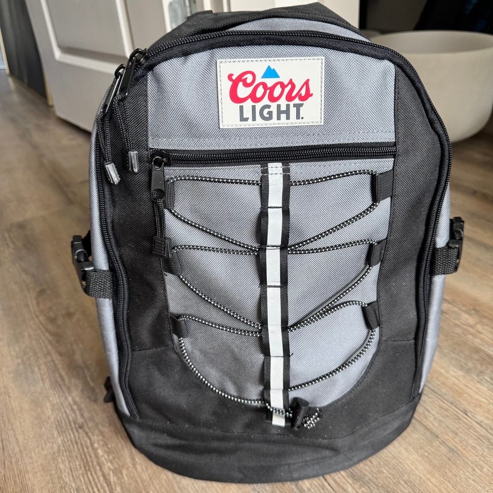 Coors Light 3 Zip Pocket Promo Backpack Grey Black Bungee Cord Tailgate Bag